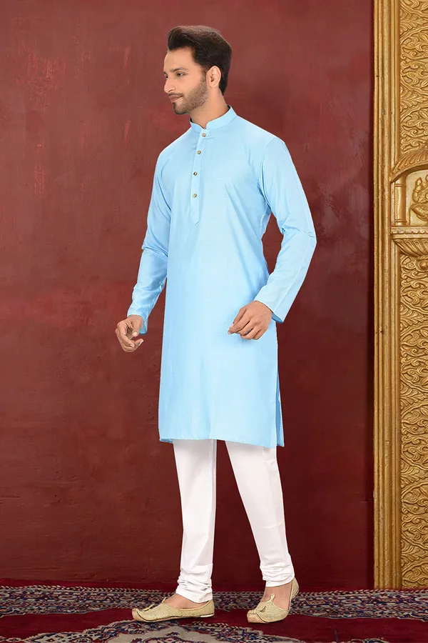 Sky_Blue_Maslin_Fabric_Plain_Kurta_Pajama_Set