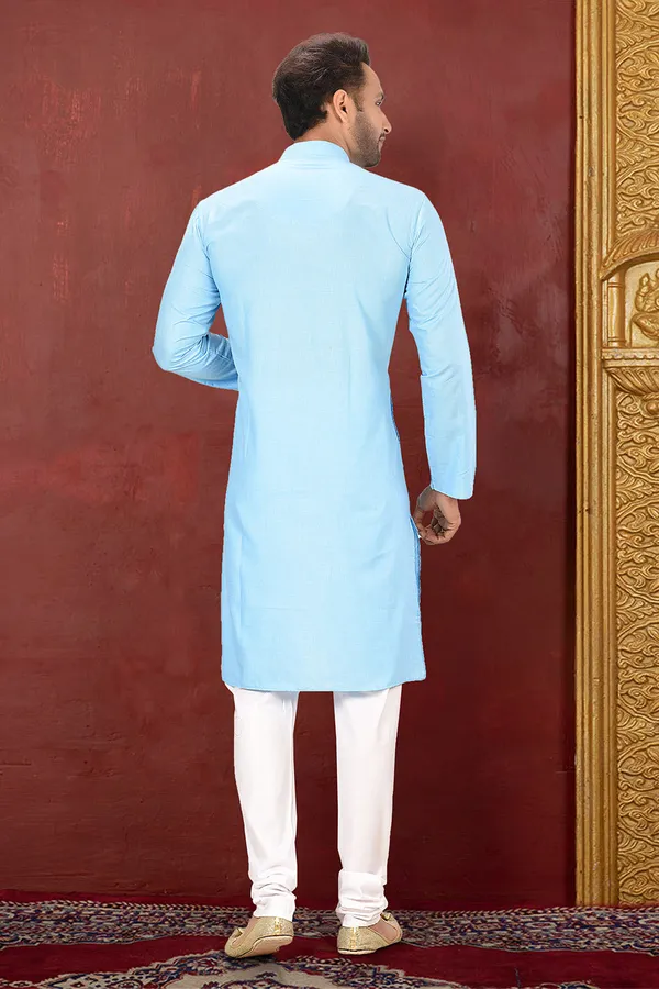 Sky_Blue_Maslin_Fabric_Plain_Kurta_Pajama_Set