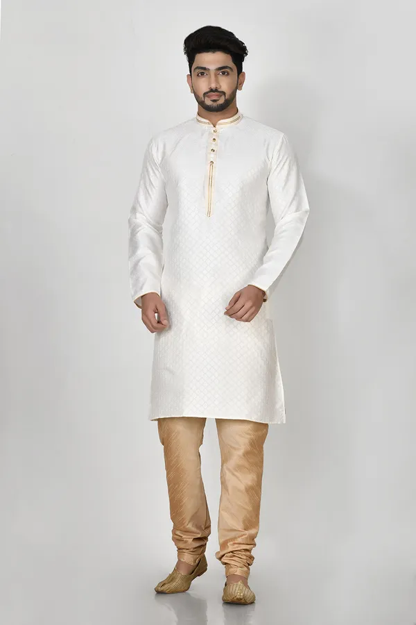 White__Silk_Resham_Embroidery_Men's_Kurta_Pajama_Set_By_Ranak