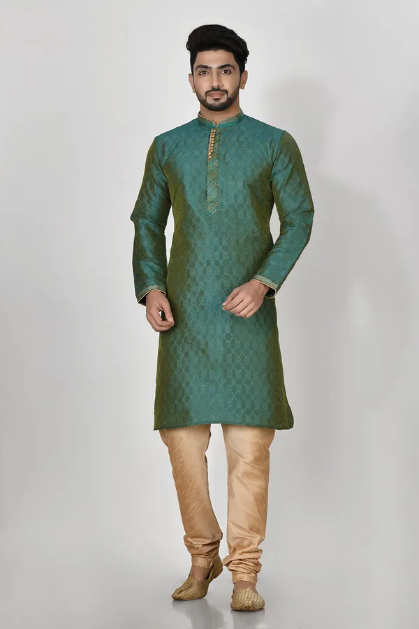 Rama_Green_Silk_Resham_Embroidery_Men's_Kurta_Pajama_Set_By_Ranak