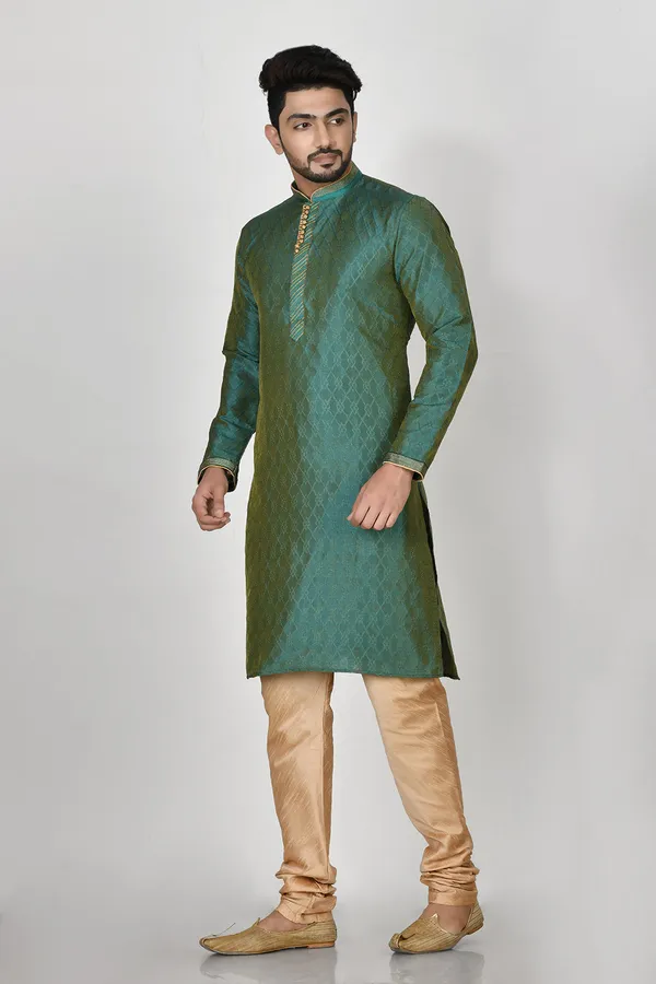 Rama_Green_Silk_Resham_Embroidery_Men's_Kurta_Pajama_Set_By_Ranak