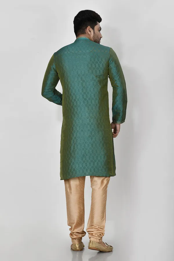 Rama_Green_Silk_Resham_Embroidery_Men's_Kurta_Pajama_Set_By_Ranak