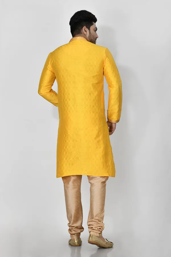 Yellow_Silk_Resham_Embroidery_Men's_Kurta_Pajama_Set_By_Ranak