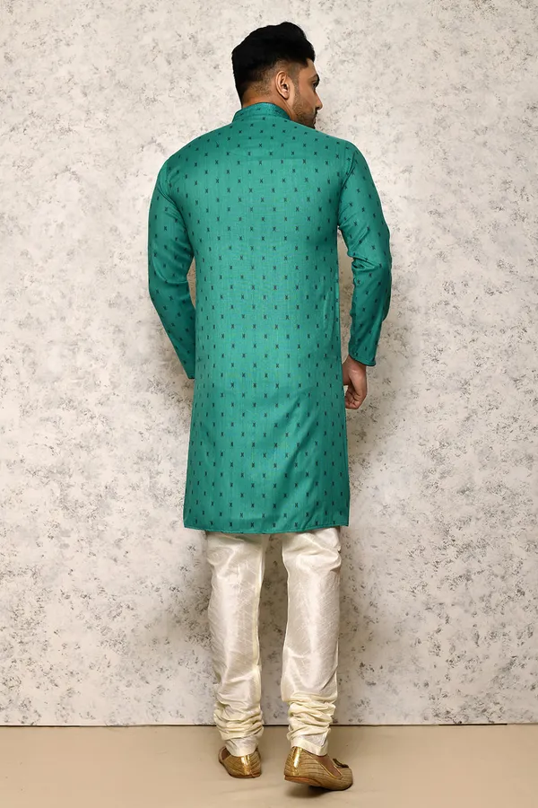 Sea_Green_Jacquard_Thread_Work_Men's_Kurta_Pajama_Set_By_Ranak