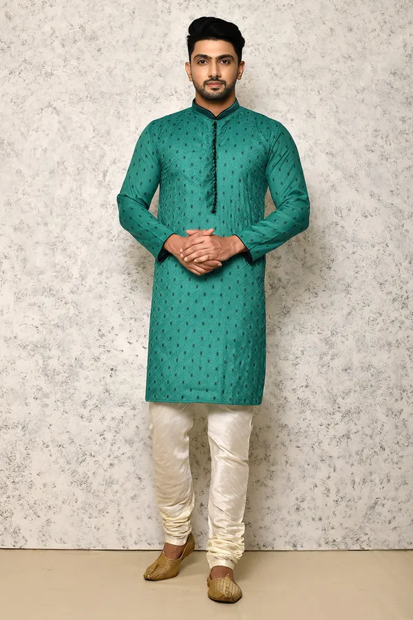 Sea_Green_Jacquard_Thread_Work_Men's_Kurta_Pajama_Set_By_Ranak