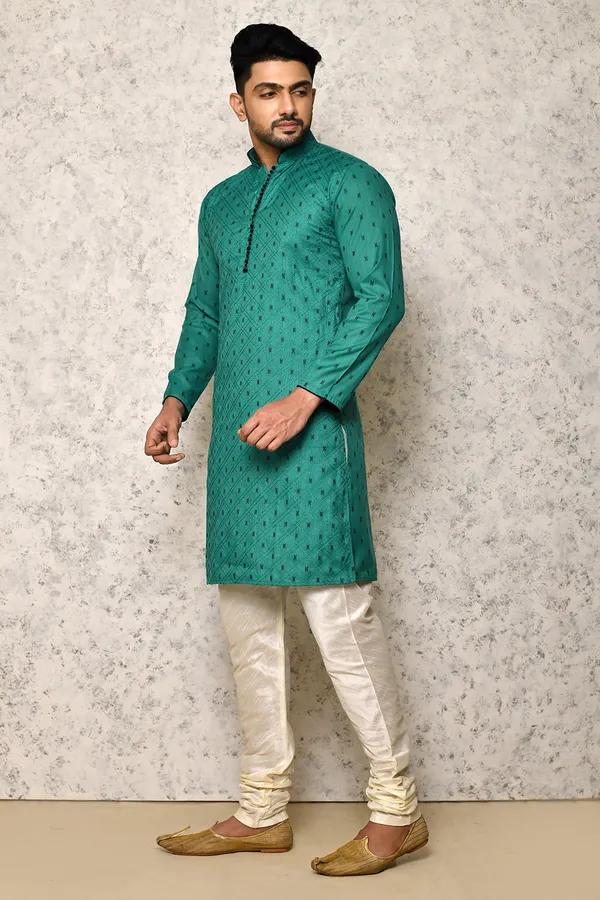 Sea_Green_Jacquard_Thread_Work_Men's_Kurta_Pajama_Set_By_Ranak