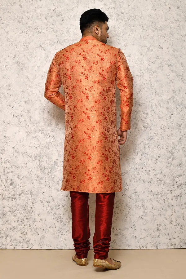 Orange_Art_Silk_Men's_Kurta_Pajama_Set_By_Ranak