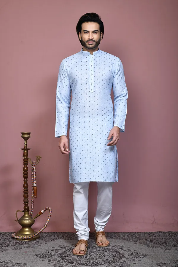 Sky_Blue_Cotton_Fabric_Printed_Kurta_Pajama