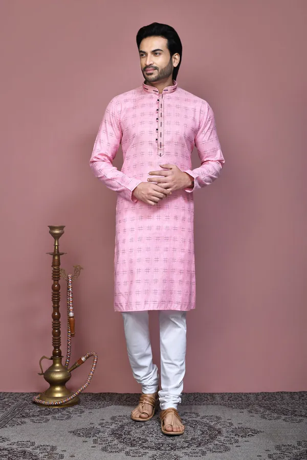 Pink_Cotton_Printed_Men's_Kurta_Pajama_Set_By_Ranak