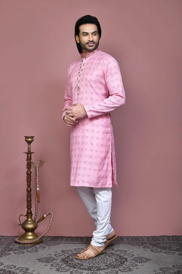Pink_Cotton_Printed_Men's_Kurta_Pajama_Set_By_Ranak