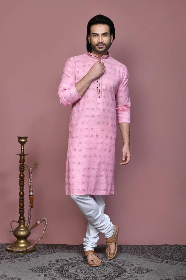 Pink_Cotton_Printed_Men's_Kurta_Pajama_Set_By_Ranak