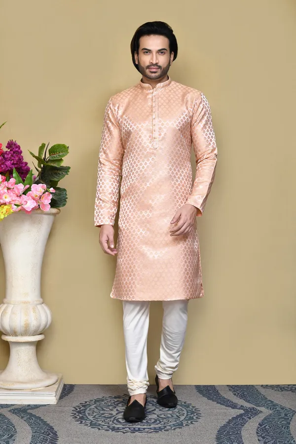 Rust_Silk_Resham_Embroidery_Men's_Kurta_Pajama_Set_By_Ranak