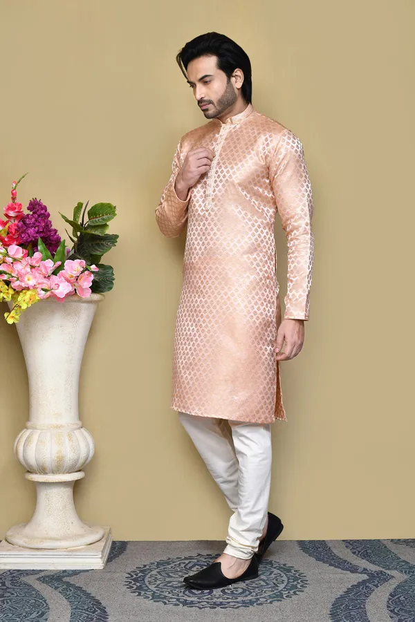 Rust_Silk_Resham_Embroidery_Men's_Kurta_Pajama_Set_By_Ranak