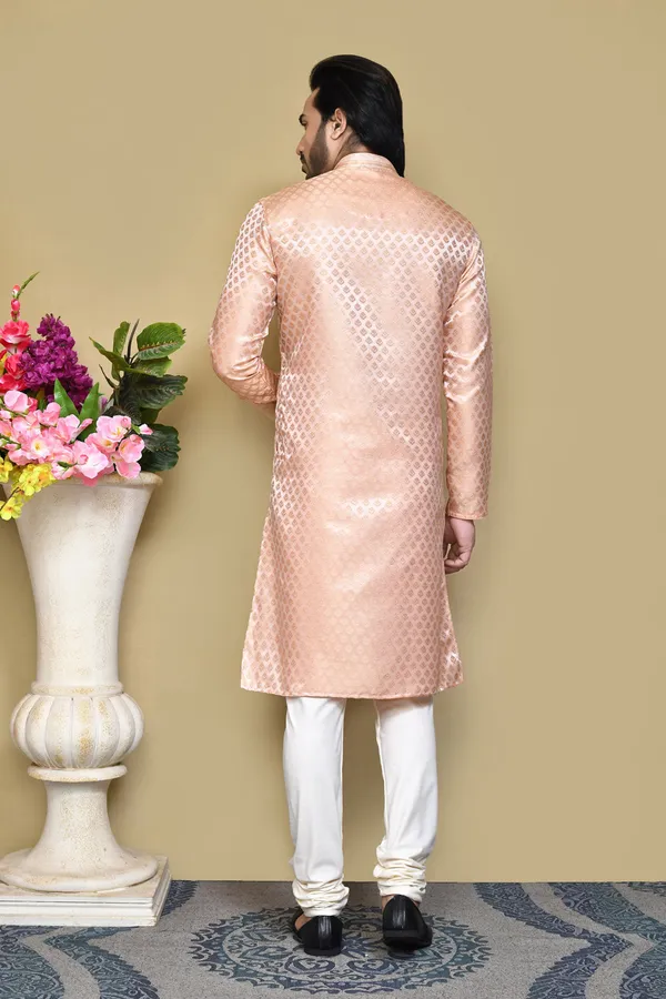 Rust_Silk_Resham_Embroidery_Men's_Kurta_Pajama_Set_By_Ranak
