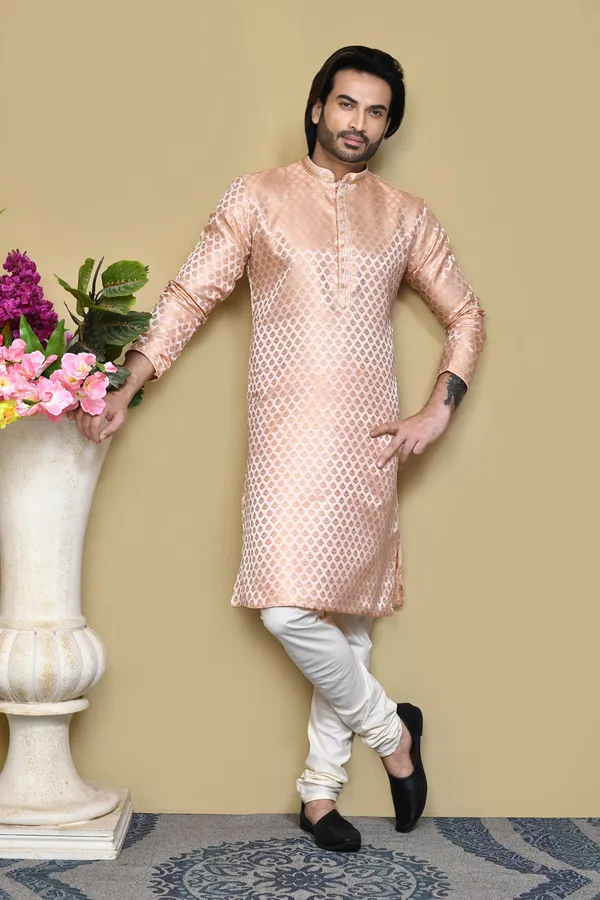Rust_Silk_Resham_Embroidery_Men's_Kurta_Pajama_Set_By_Ranak