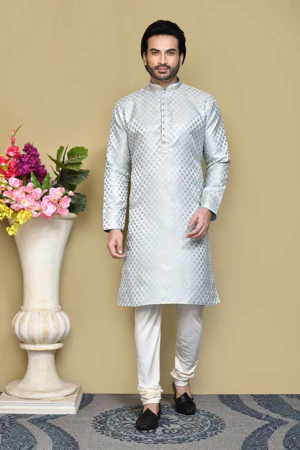 White_Silk_Resham_Embroidery_Men's_Kurta_Pajama_Set_By_Ranak