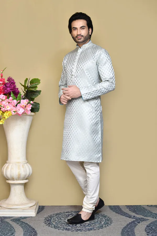 White_Silk_Resham_Embroidery_Men's_Kurta_Pajama_Set_By_Ranak