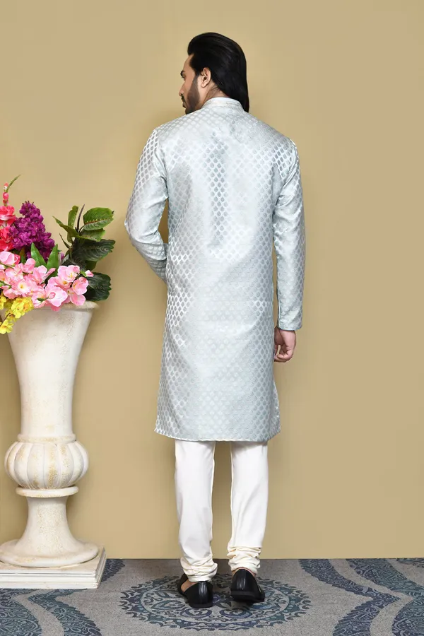 White_Silk_Resham_Embroidery_Men's_Kurta_Pajama_Set_By_Ranak
