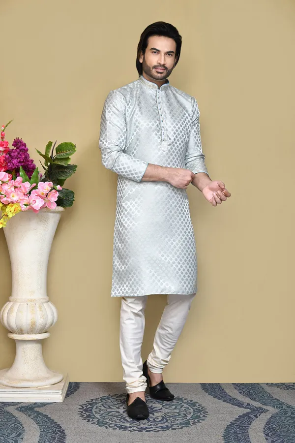 White_Silk_Resham_Embroidery_Men's_Kurta_Pajama_Set_By_Ranak