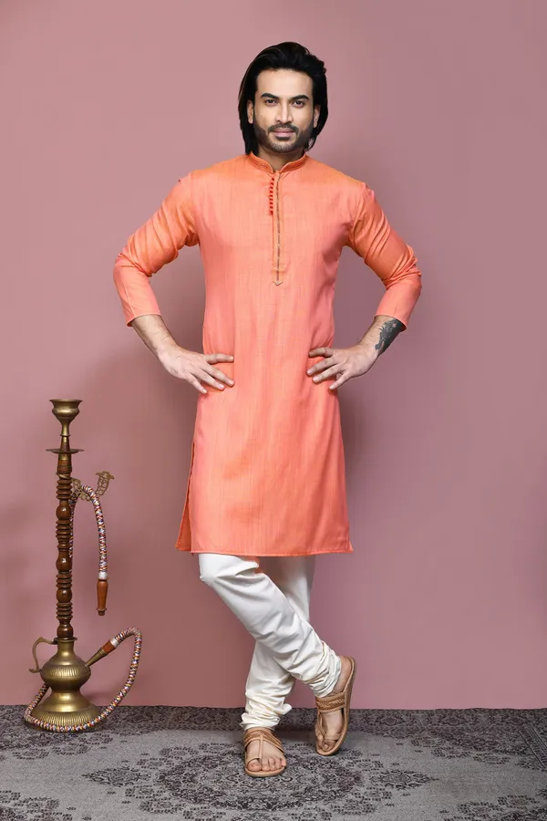 Orange_Cotton_Silk_Fabric_Plain_Kurta_Pajama