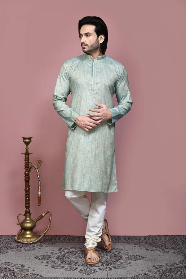 Pista_Cotton_Silk_Fabric_Plain_Kurta_Pajama_Set
