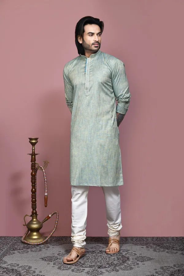 Pista_Cotton_Silk_Fabric_Plain_Kurta_Pajama_Set