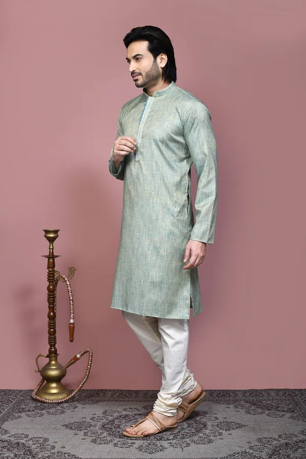 Pista_Cotton_Silk_Fabric_Plain_Kurta_Pajama_Set