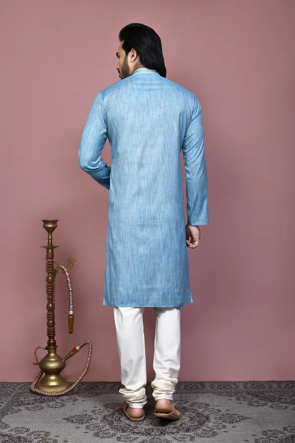 Sky_Blue_Cotton_Silk_Plain_Men's_Kurta_Pajama_Set_By_Ranak