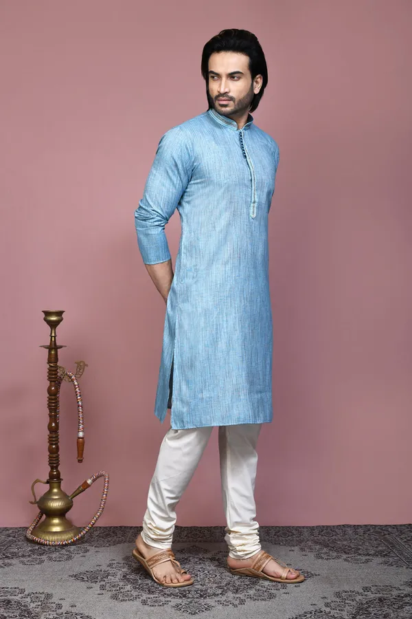 Sky_Blue_Cotton_Silk_Plain_Men's_Kurta_Pajama_Set_By_Ranak