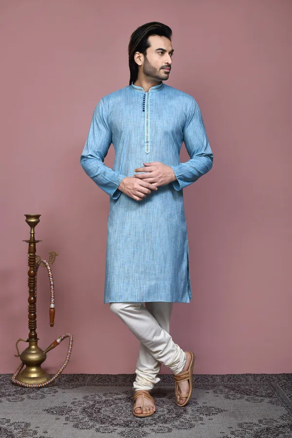 Sky_Blue_Cotton_Silk_Plain_Men's_Kurta_Pajama_Set_By_Ranak