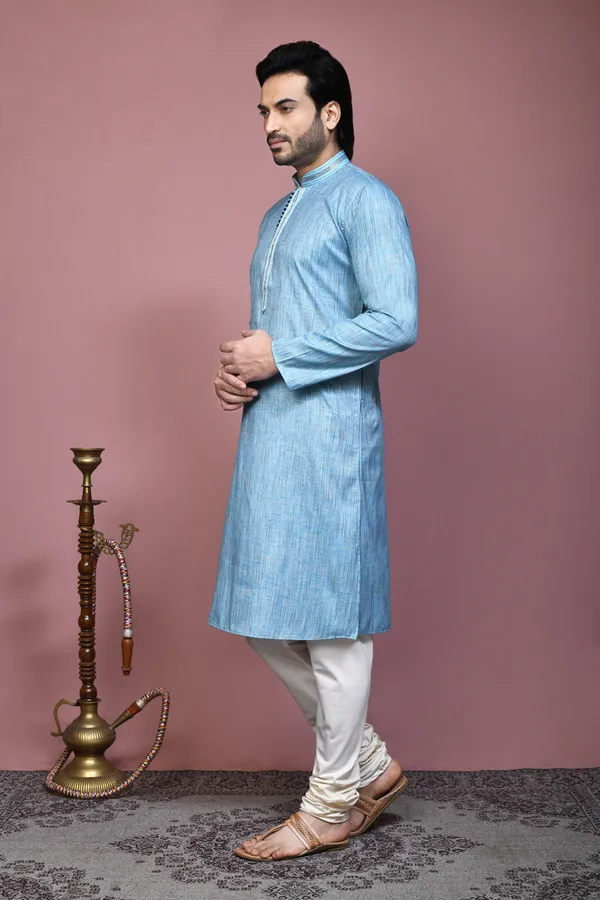 Sky_Blue_Cotton_Silk_Plain_Men's_Kurta_Pajama_Set_By_Ranak