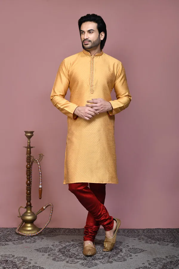Gold_Art_Silk_Fabric_Resham_Woven_Kurta_Pajama