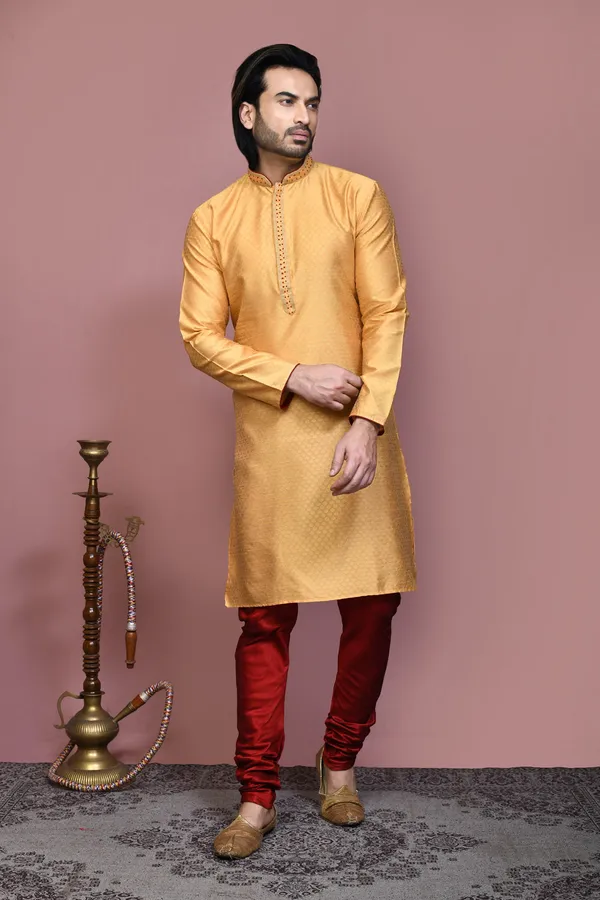 Gold_Art_Silk_Fabric_Resham_Woven_Kurta_Pajama