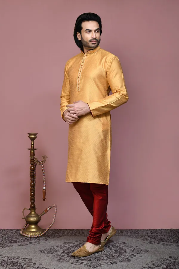 Gold_Art_Silk_Fabric_Resham_Woven_Kurta_Pajama