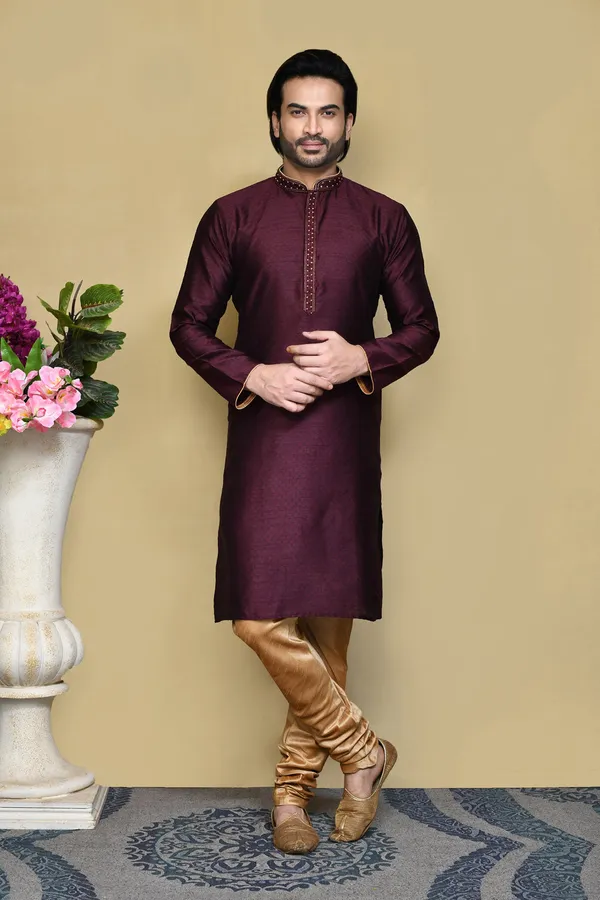 Purple_Silk_Resham_Woven_Men's_Kurta_Pajama_Set_By_Ranak