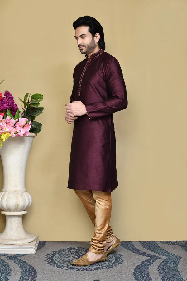 Purple_Silk_Resham_Woven_Men's_Kurta_Pajama_Set_By_Ranak