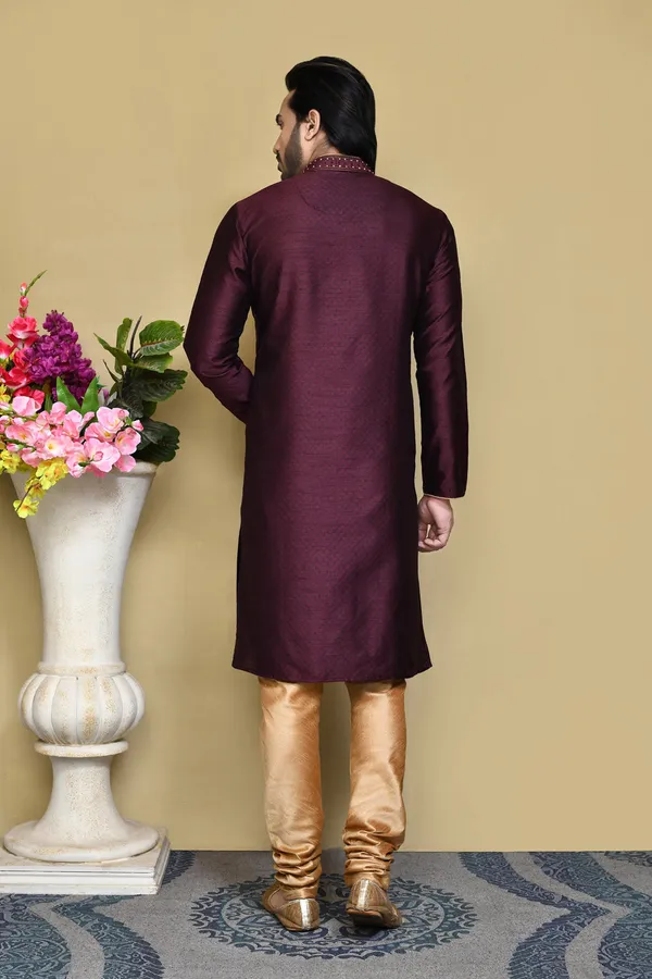 Purple_Silk_Resham_Woven_Men's_Kurta_Pajama_Set_By_Ranak