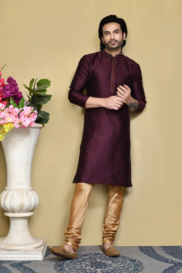 Purple_Silk_Resham_Woven_Men's_Kurta_Pajama_Set_By_Ranak