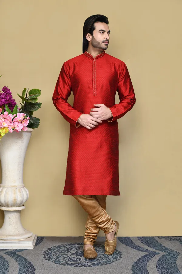 Red_Silk_Resham_Woven_Men's_Kurta_Pajama_Set_By_Ranak