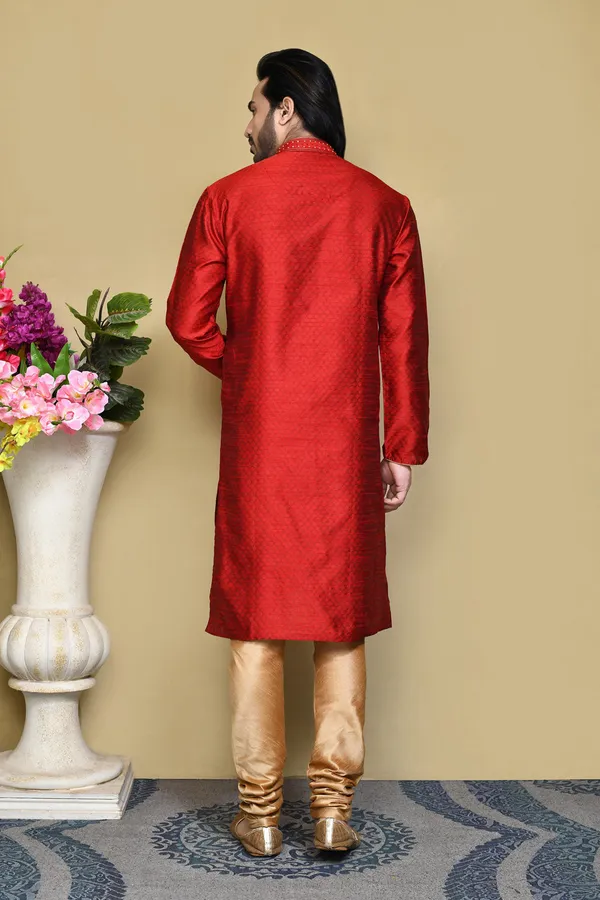 Red_Silk_Resham_Woven_Men's_Kurta_Pajama_Set_By_Ranak