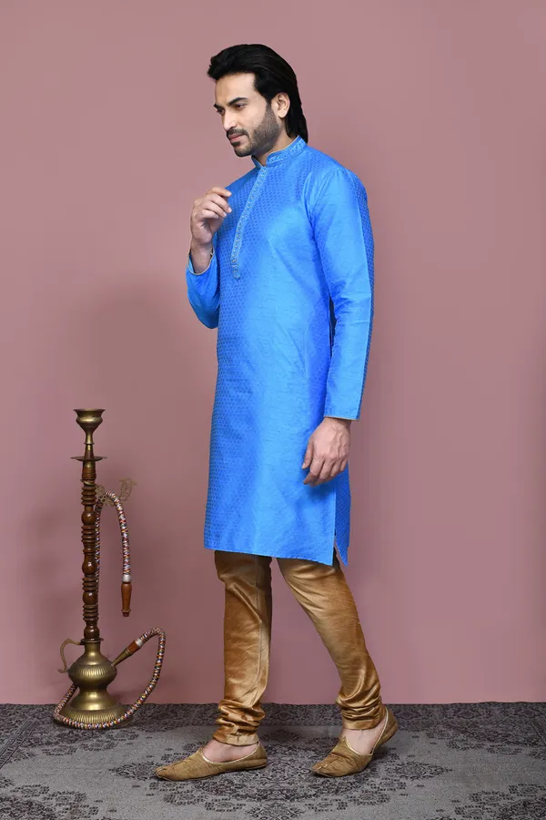 Blue_Silk_Fabric_Resham_Woven_Kurta_Pajama_Set