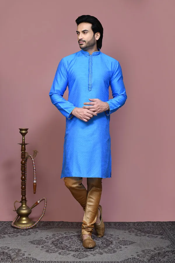 Blue_Silk_Fabric_Resham_Woven_Kurta_Pajama_Set