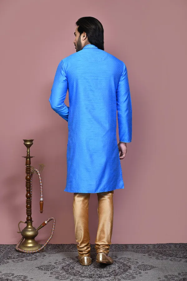 Blue_Silk_Fabric_Resham_Woven_Kurta_Pajama_Set