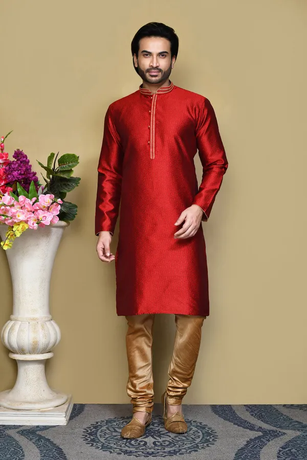 Maroon_Silk_Fabric_Resham_Woven_Kurta_Pajama_Set