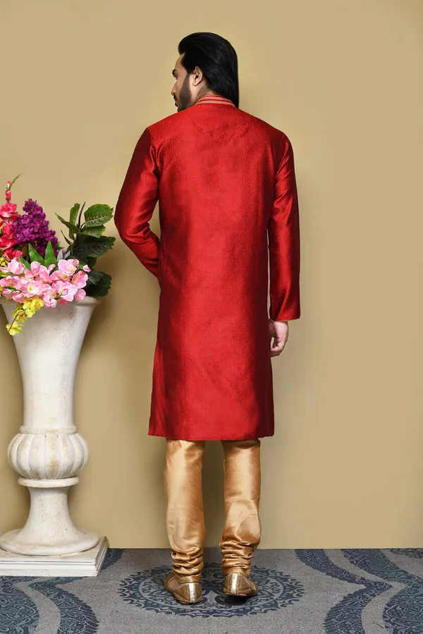Maroon_Silk_Fabric_Resham_Woven_Kurta_Pajama_Set