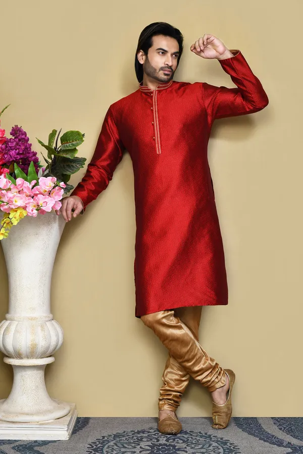Maroon_Silk_Fabric_Resham_Woven_Kurta_Pajama_Set