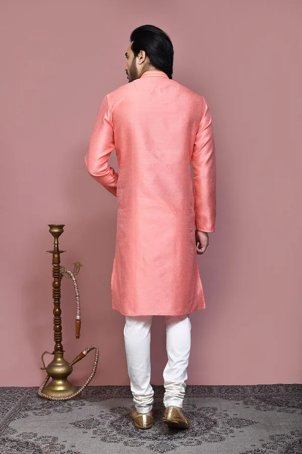 Peach__Silk_Fabric_Resham_Woven_Kurta_Pajama