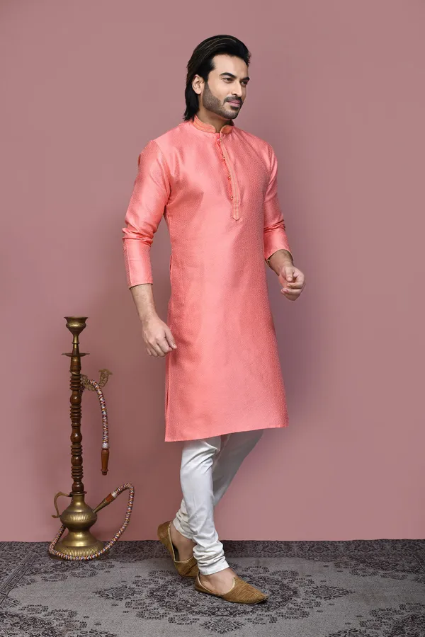 Peach__Silk_Fabric_Resham_Woven_Kurta_Pajama