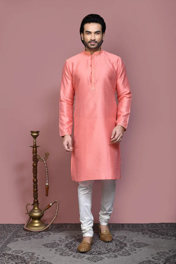 Peach__Silk_Fabric_Resham_Woven_Kurta_Pajama