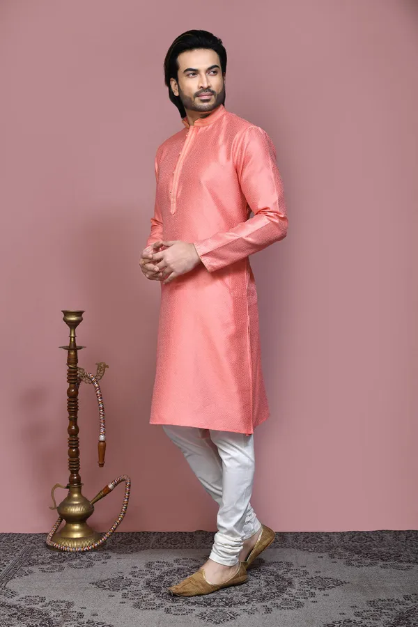 Peach__Silk_Fabric_Resham_Woven_Kurta_Pajama